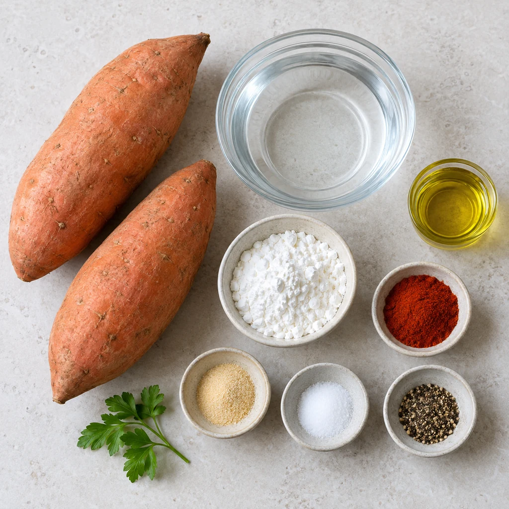 Sweet potatoes, cornstarch, olive oil, cold water, smoked paprika, garlic powder, salt, pepper and parsley