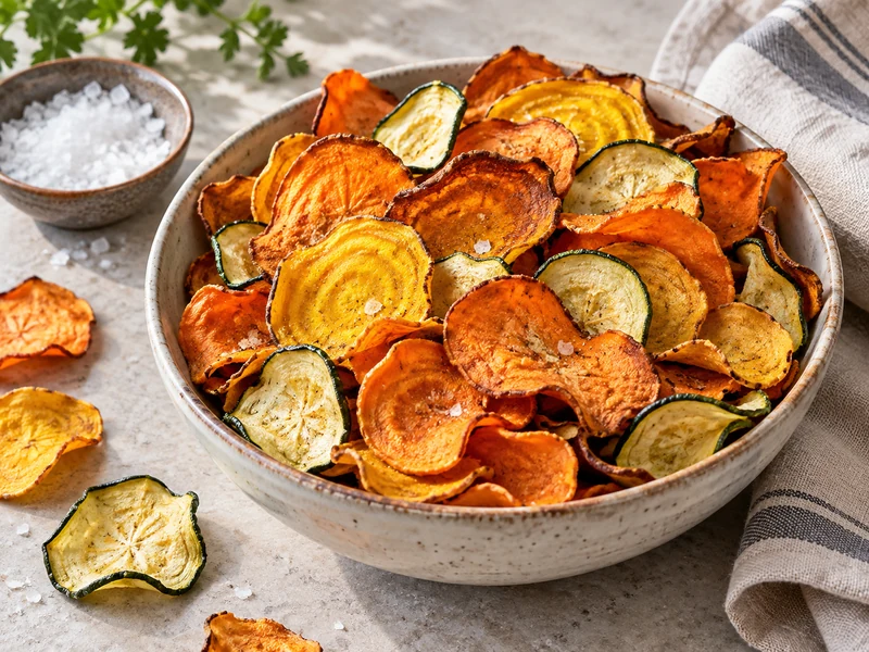 Crispy baked sweet potato, golden beet, zucchini, and carrot chips in a serving bowl.