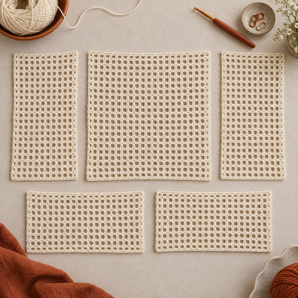Five crochet shirt rectangles: one back, two equal-height fronts, and two short sleeves