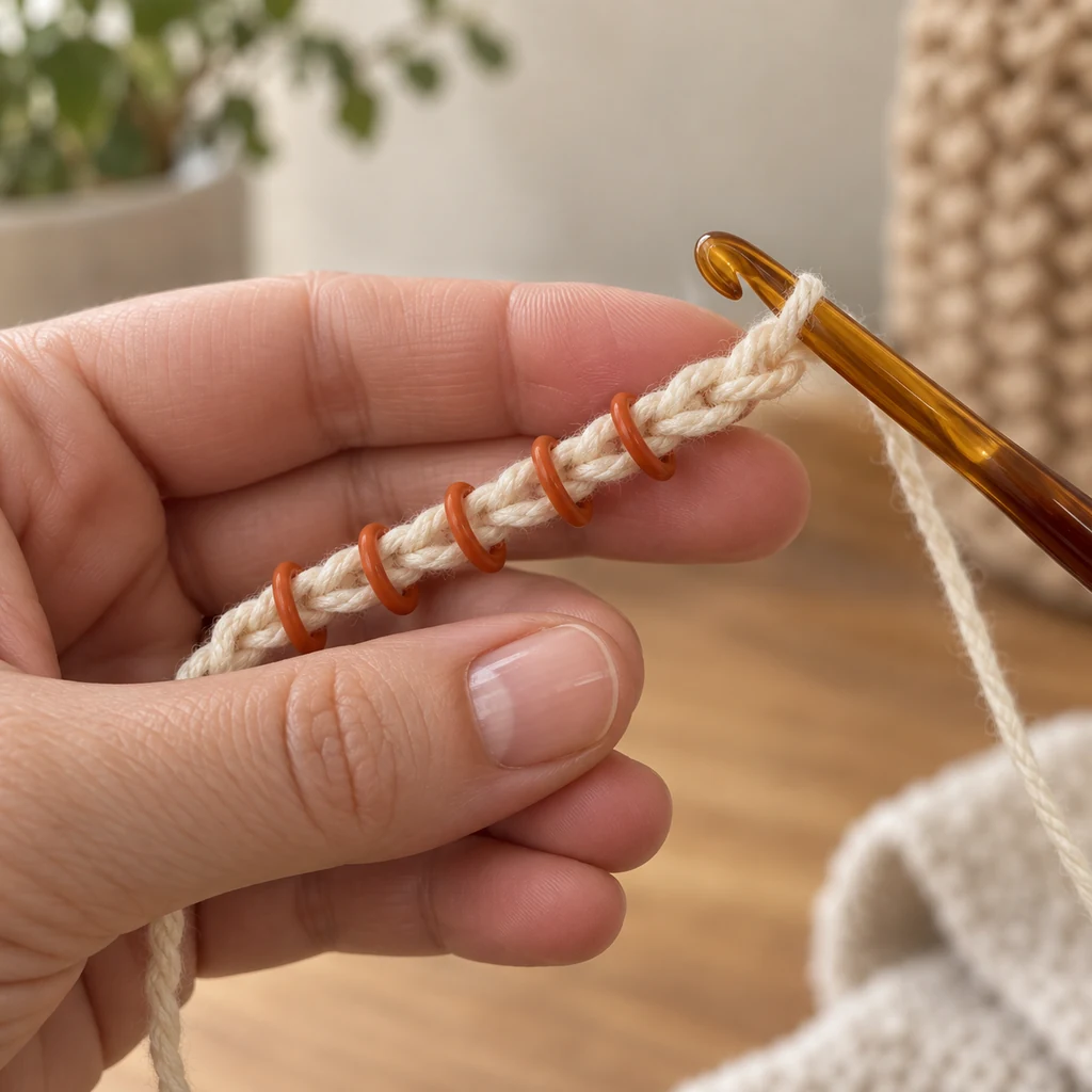 Five marked foundation chains with a crochet hook poised at the next unmarked chain