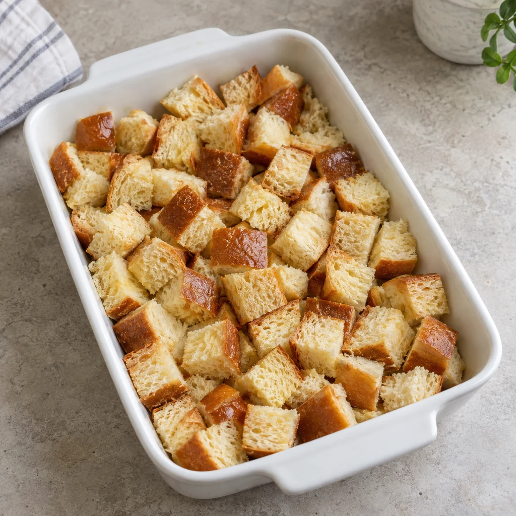 Dry brioche cubes spread evenly in a white rectangular baking dish