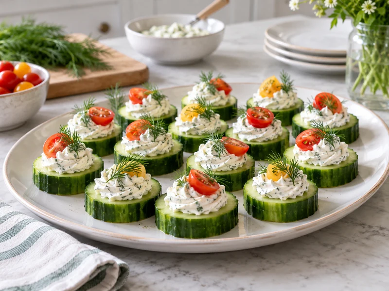 Platter of cucumber bites with herbed cream cheese, dill, and cherry tomatoes