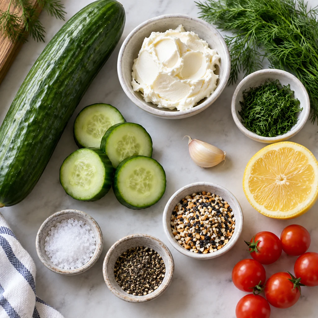 Cucumber, cream cheese, dill, garlic, lemon, seasonings, and cherry tomatoes for cucumber bites