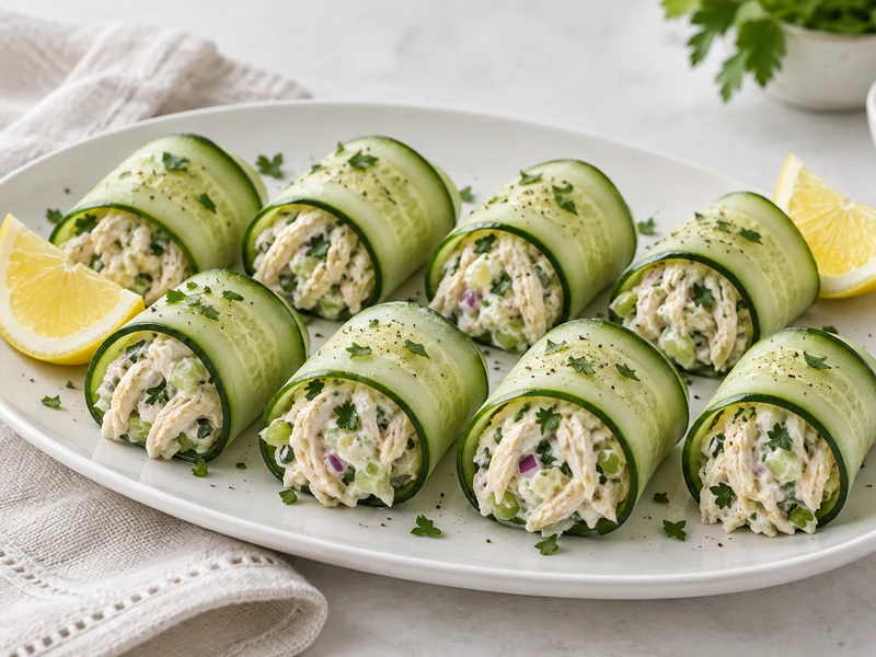 Cucumber ribbons wrapped around creamy chicken salad on a serving plate