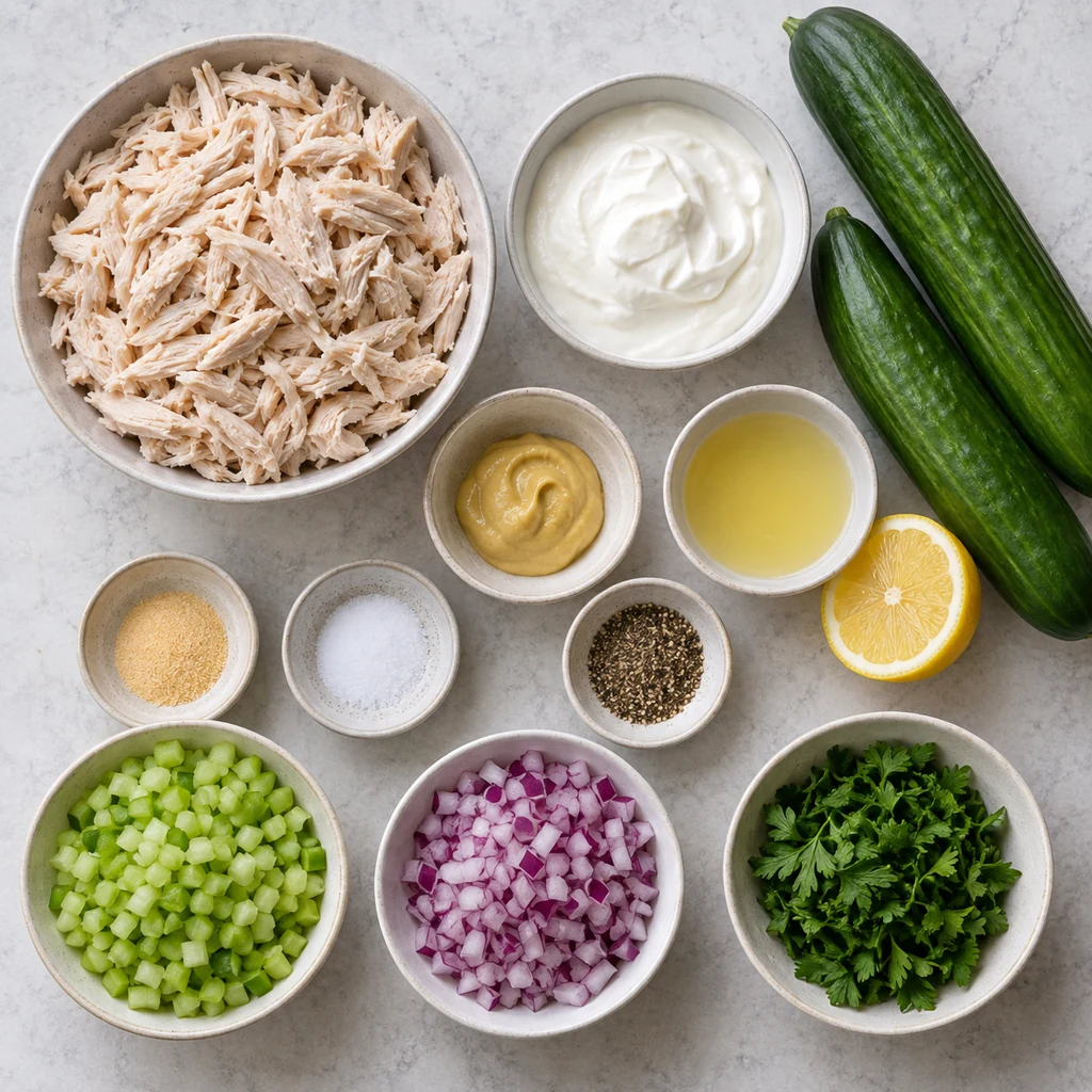 Cooked chicken, yogurt, mustard, lemon, seasonings, celery, red onion, parsley and cucumbers