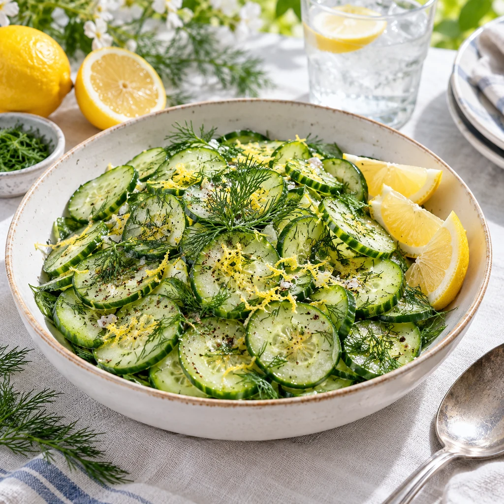 Finished cucumber dill lemon salad ready to serve