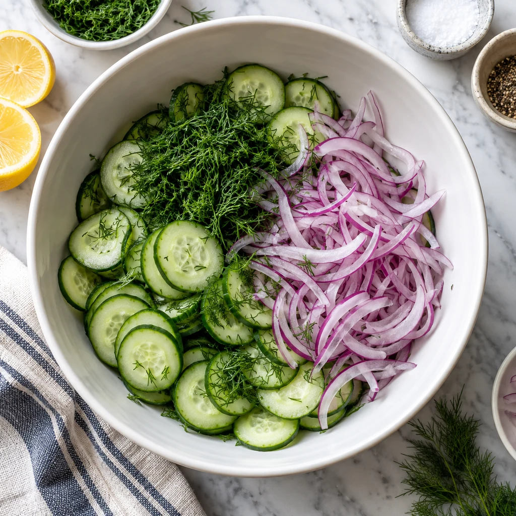Cucumbers red onion and dill combined in a mixing bowl