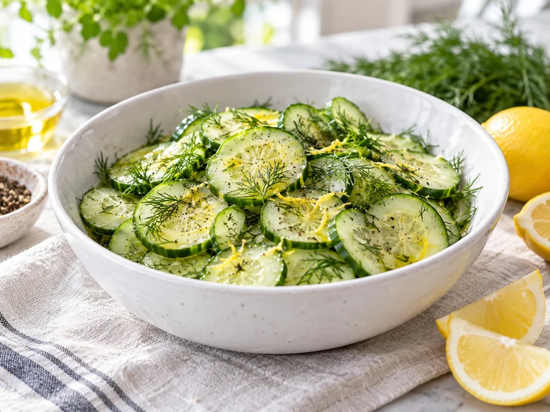 Refreshing cucumber salad with dill lemon and olive oil dressing