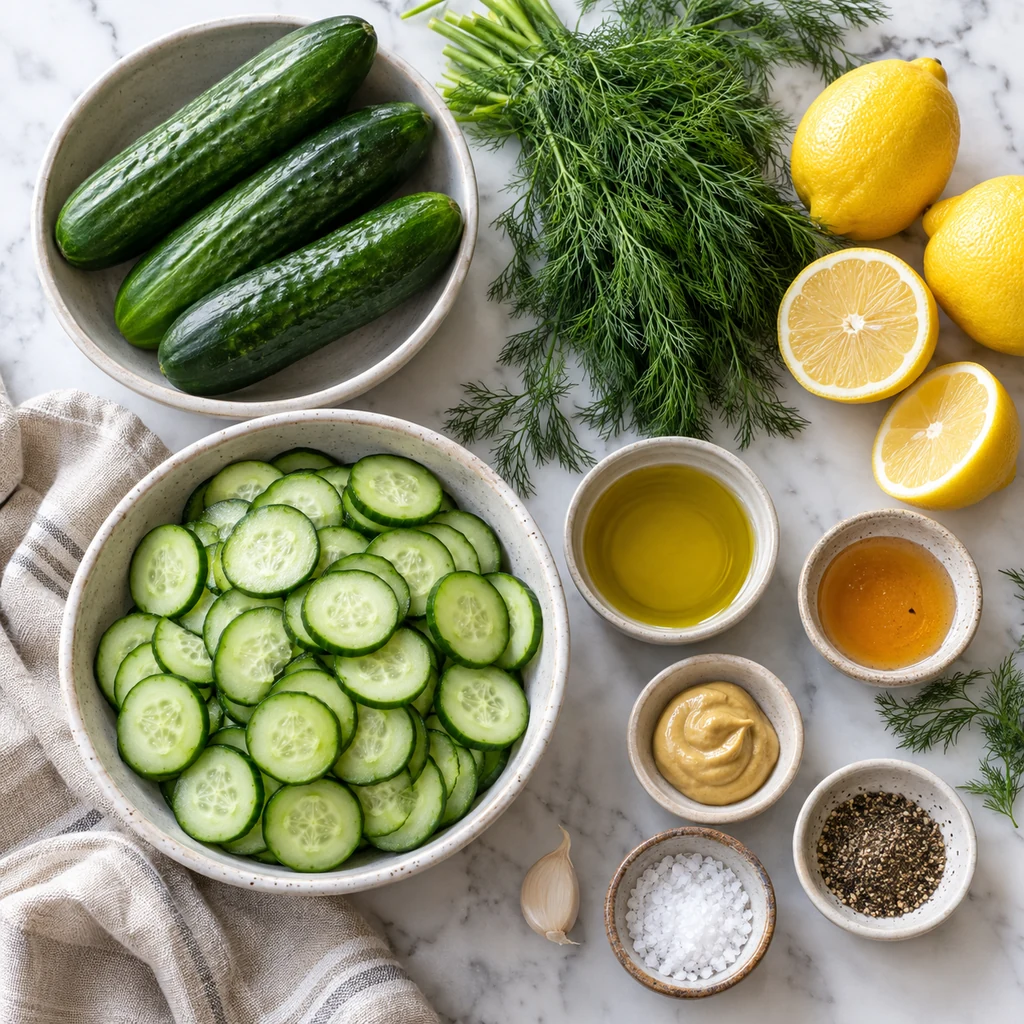 Ingredients for cucumber dill lemon salad