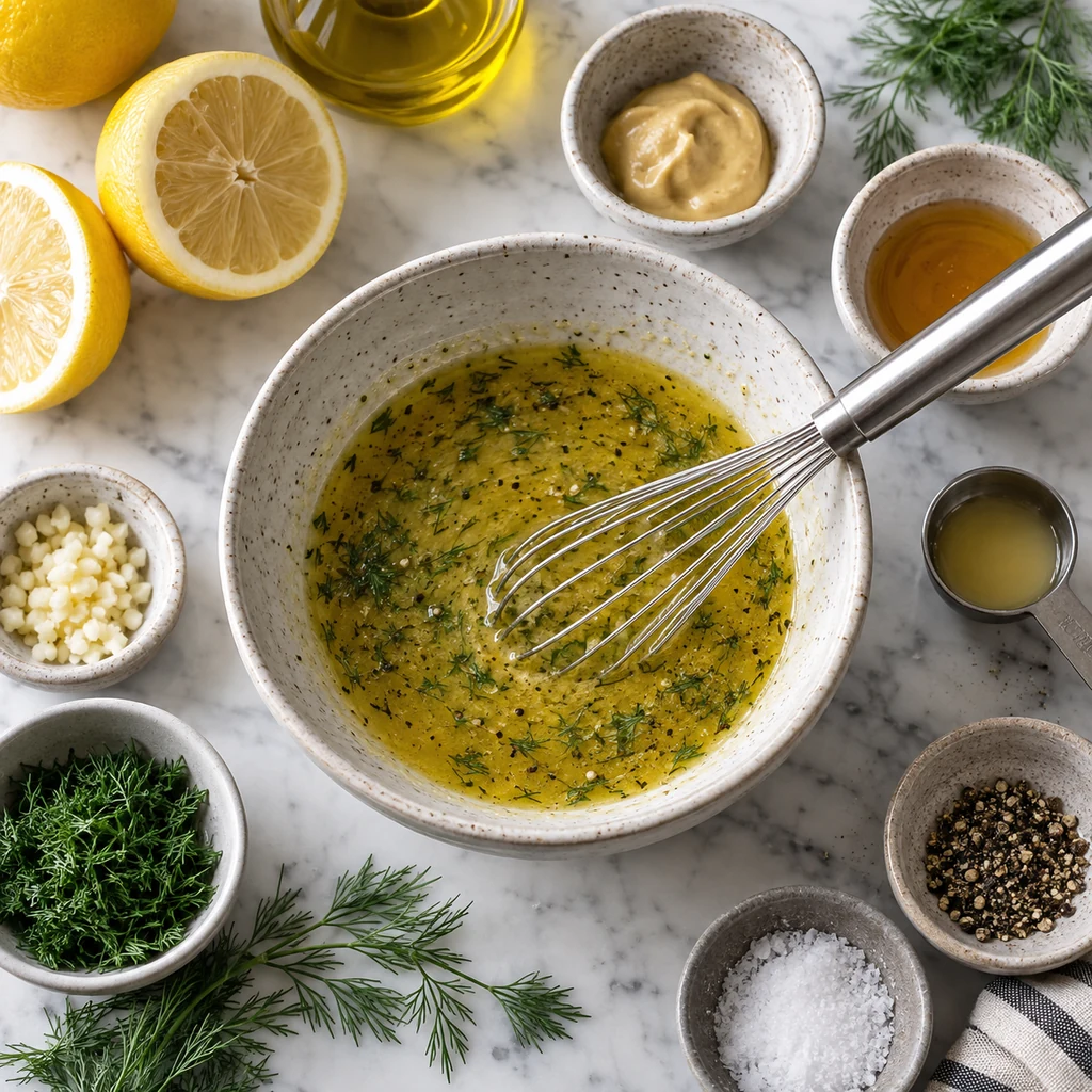 Lemon dill dressing whisked in a ceramic bowl