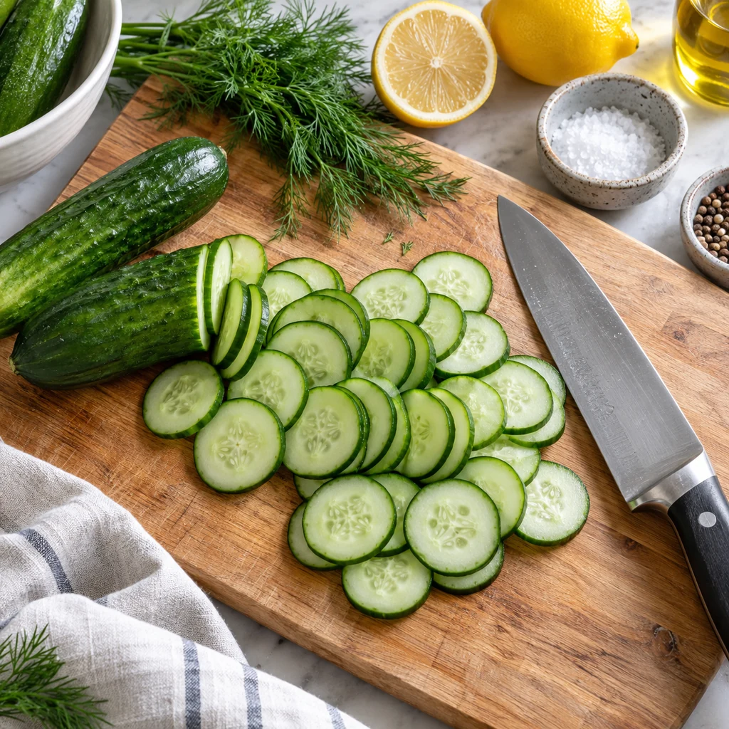 Thinly sliced cucumbers on a cutting board for salad