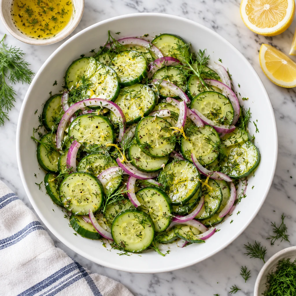 Cucumber dill salad tossed with lemon olive oil dressing