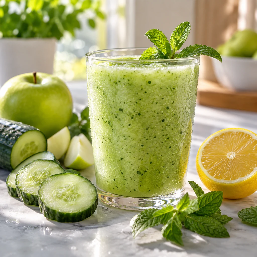 Pale green cucumber mint apple smoothie with lemon