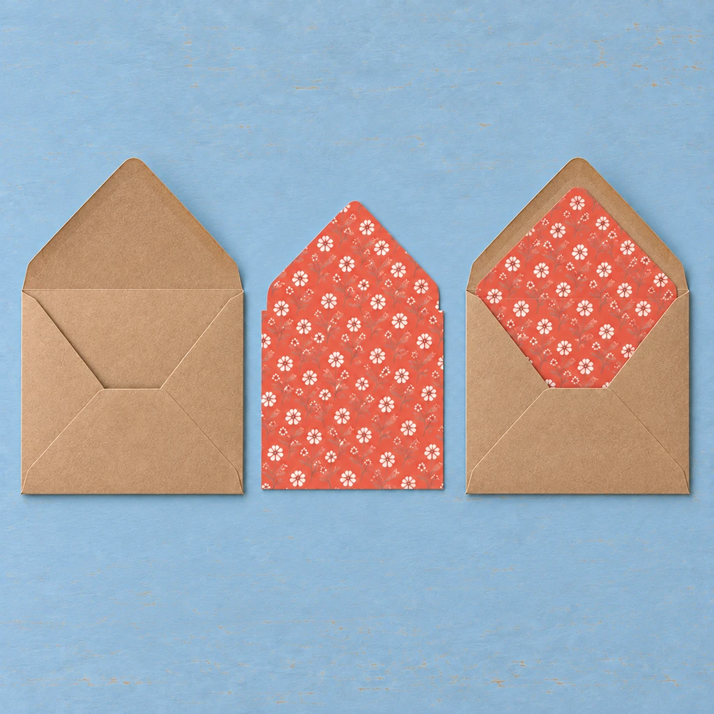 Rectangular kraft A6 envelope, matching floral liner template, and installed envelope liner