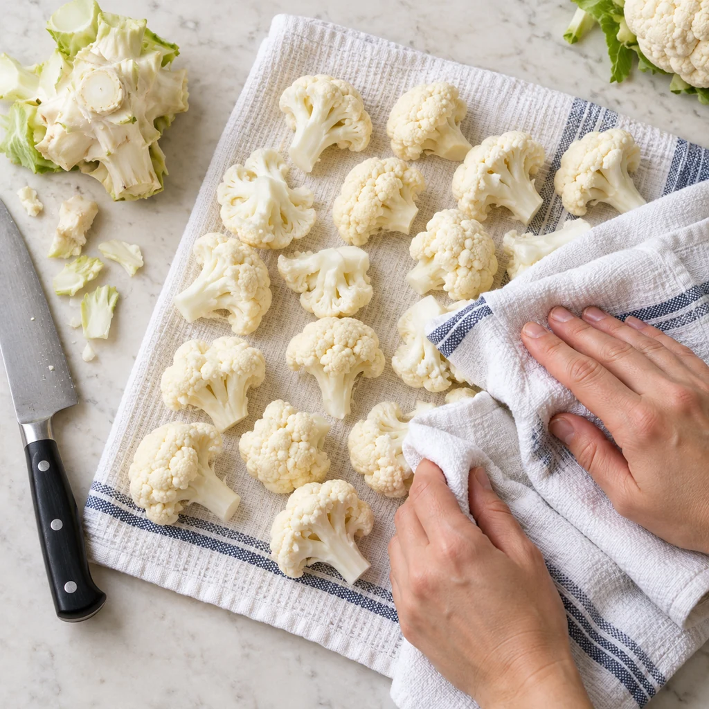 Even cauliflower florets being dried thoroughly with clean kitchen towels