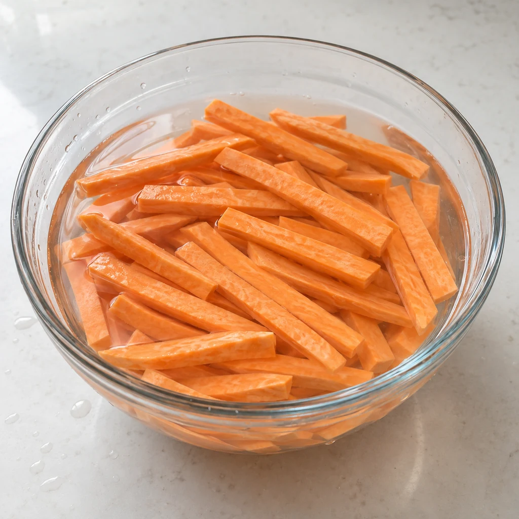 Raw sweet potato batons soaking in cold water in a clear glass bowl