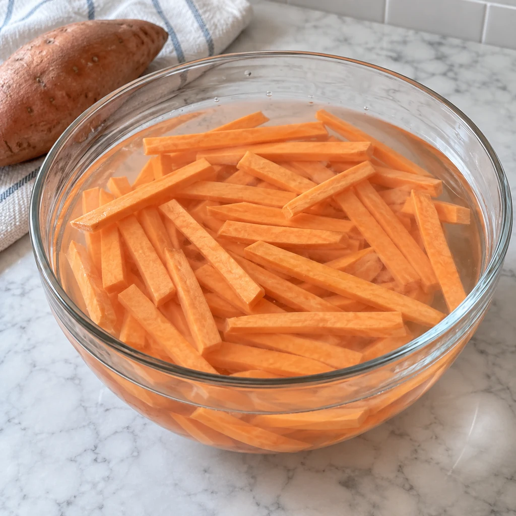 Even quarter-inch sweet potato sticks soaking in a bowl of cold water
