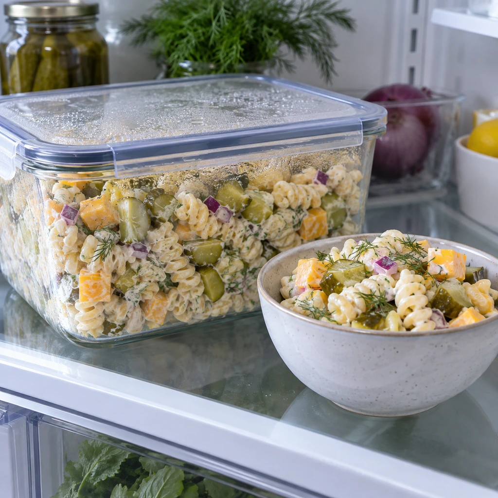 Chilled dill pickle pasta salad in a covered refrigerator container beside a serving bowl