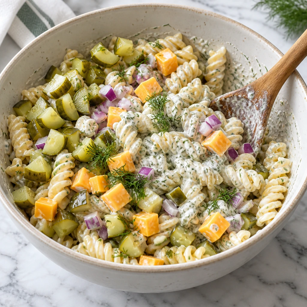 Rotini, dill pickles, cheddar, red onion, and creamy dill dressing being folded together