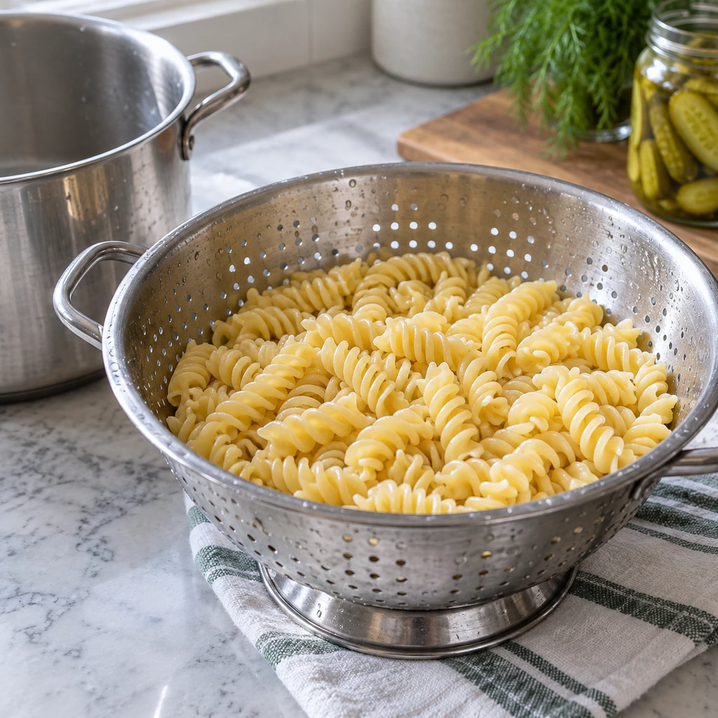 Cooked rotini cooling in a stainless steel colander beside a pot