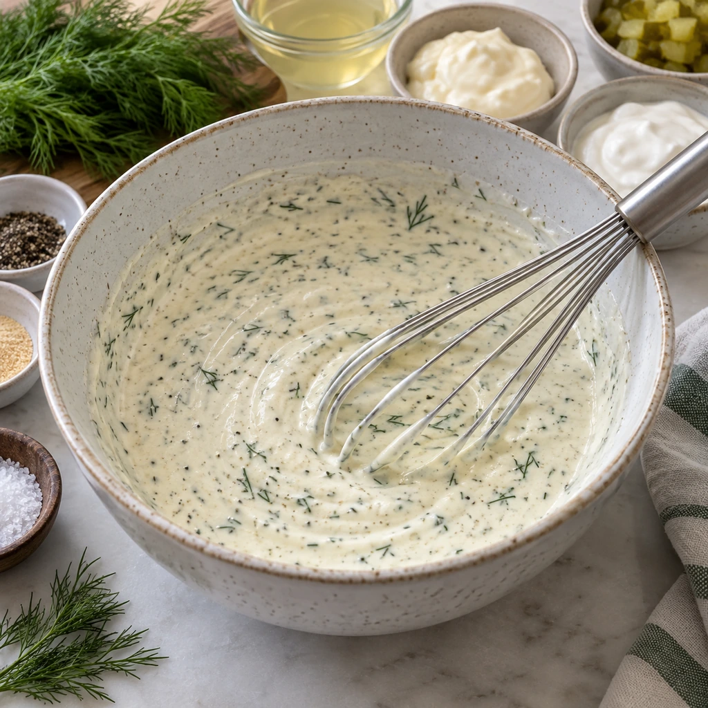 Creamy dill dressing with a whisk resting in a ceramic bowl