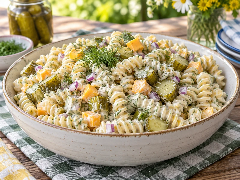 Creamy dill pickle pasta salad with cheddar, red onion, and fresh dill