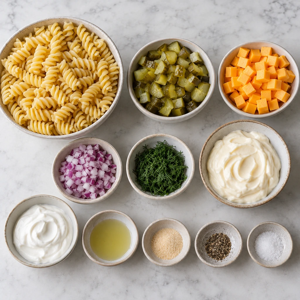 Rotini, chopped dill pickles, cheddar, red onion, dill, and creamy dressing ingredients in separate bowls