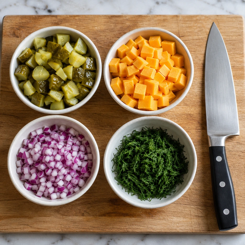 Chopped dill pickles, cheddar cubes, diced red onion, and fresh dill in four bowls