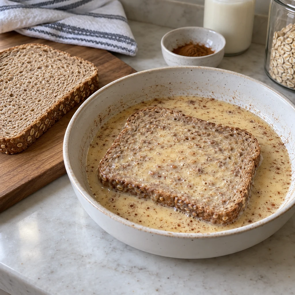 Whole grain bread briefly dipped in cinnamon-speckled egg mixture
