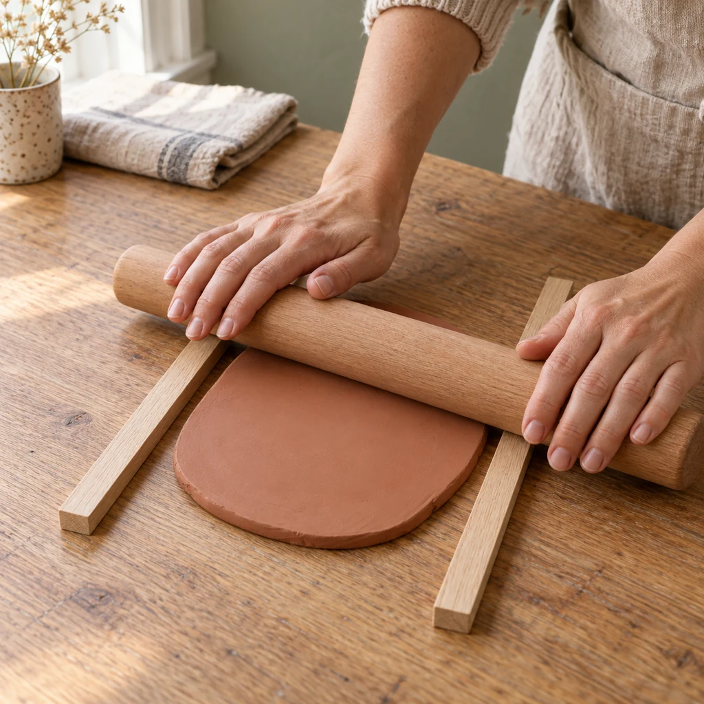 Hands rolling terracotta air-dry clay between two quarter-inch wooden guide strips