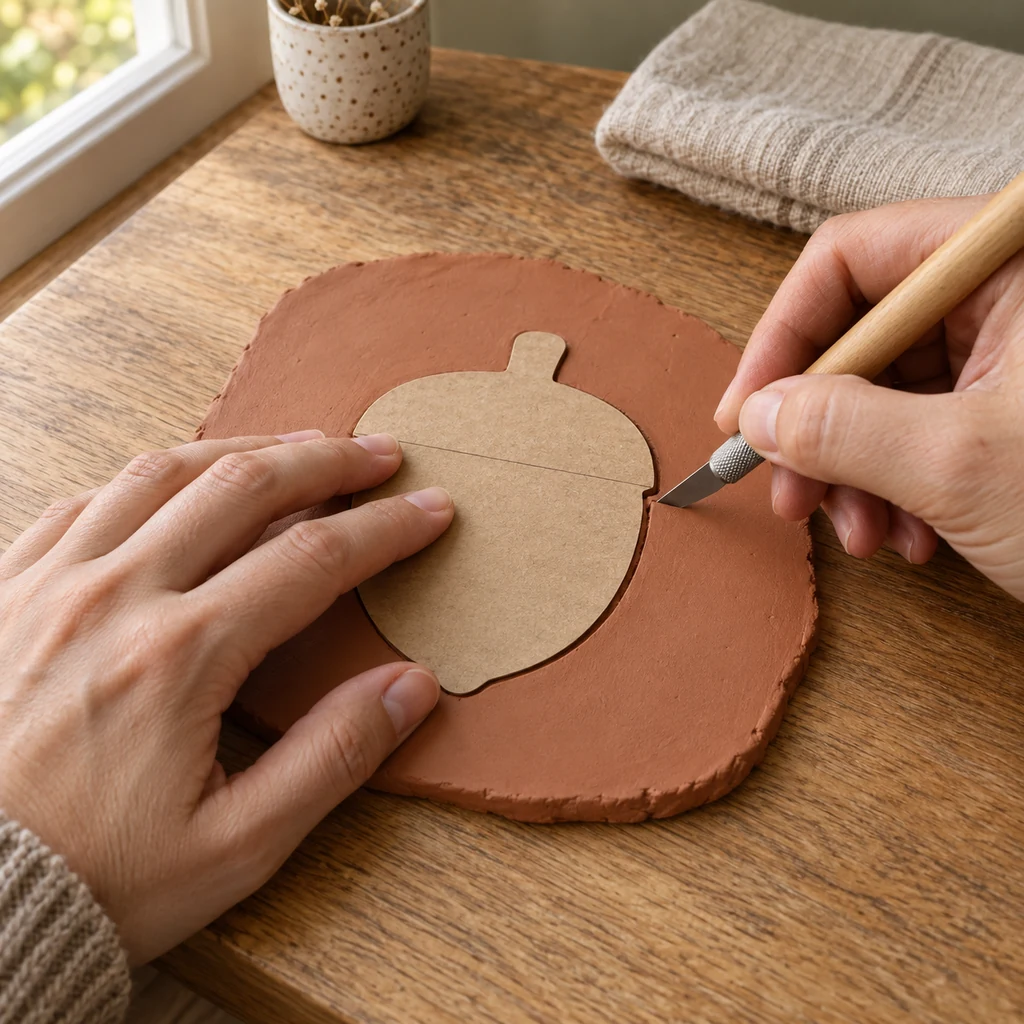 Adult hands cutting one acorn shape from terracotta clay around a paper template