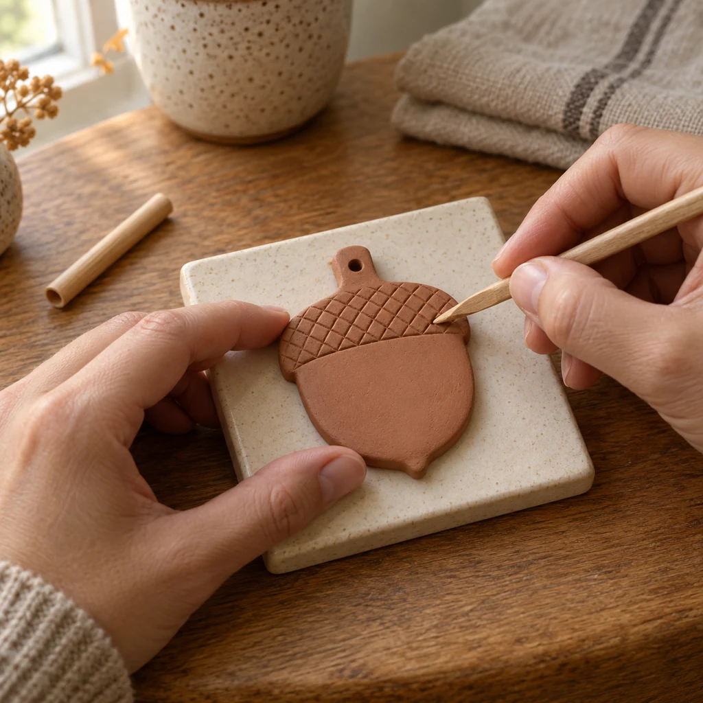 Crosshatching the cap of one clay acorn beside its centered round hanging hole