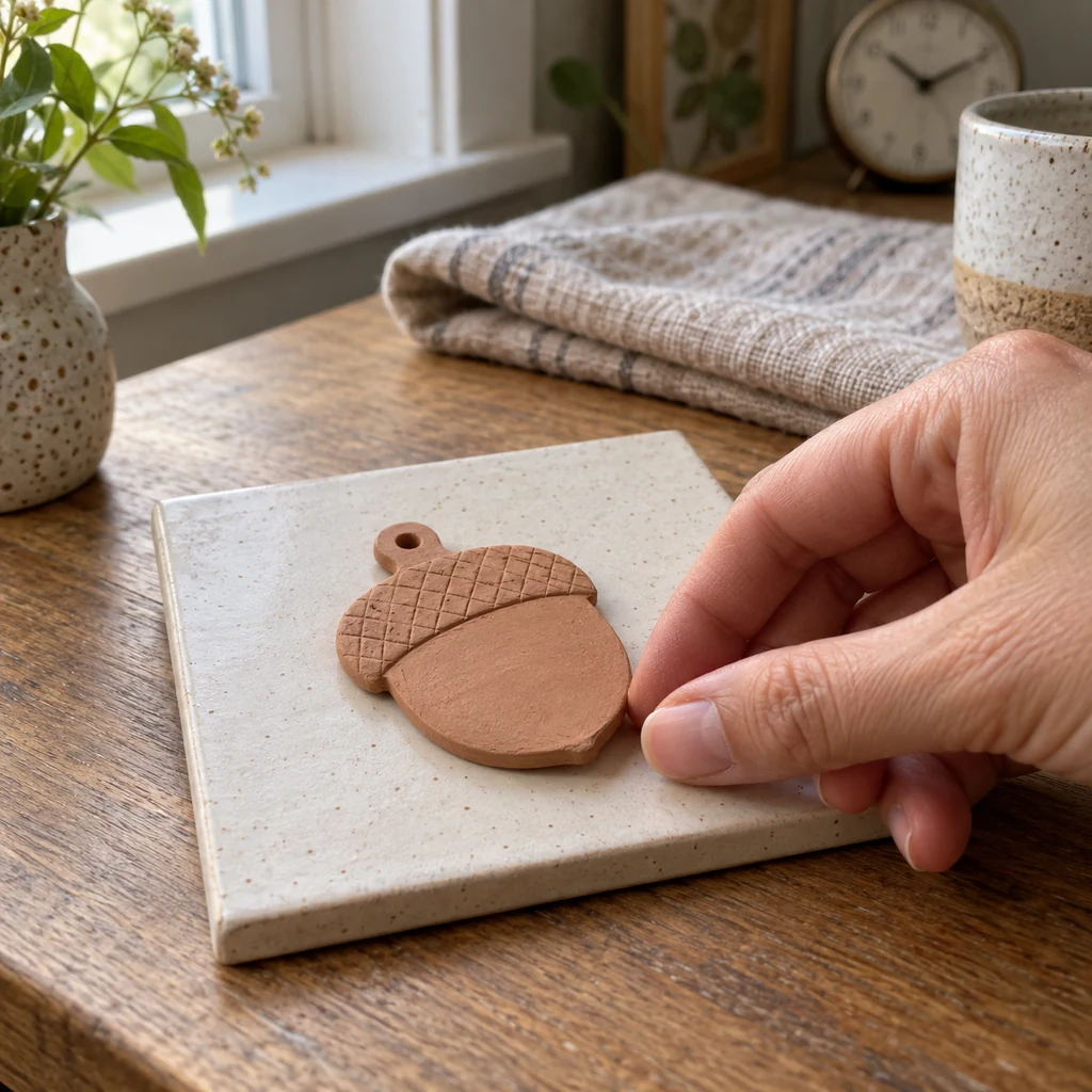 One unpainted clay acorn drying flat on a ceramic tile as a hand checks the firm edge