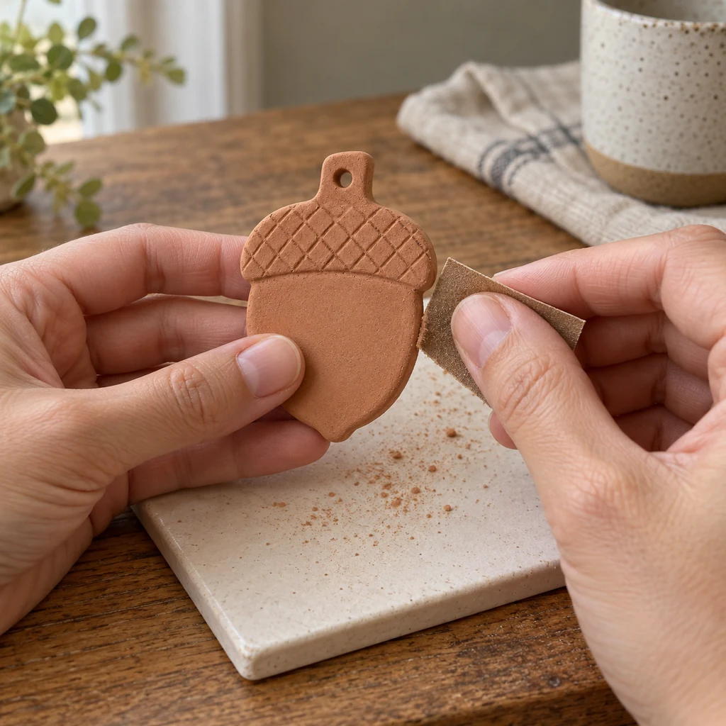 Hands lightly sanding the dry edge of one terracotta clay acorn charm