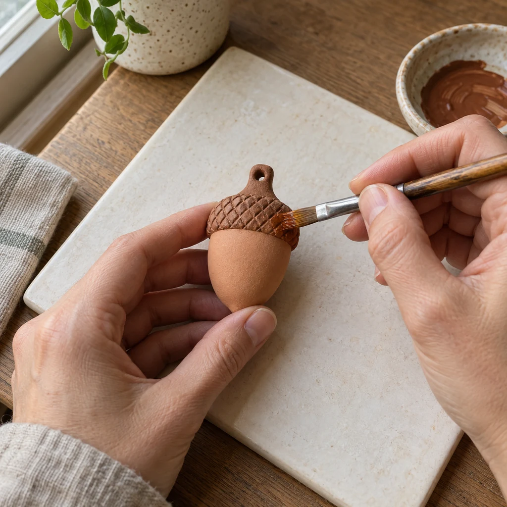 Small flat brush painting only the crosshatched cap of one dry terracotta acorn