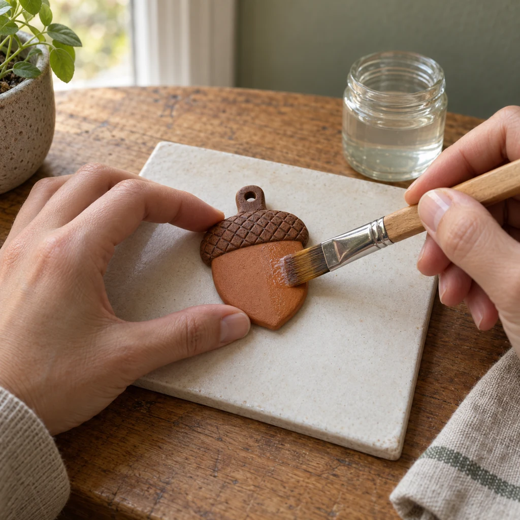 Soft brush applying a thin clear varnish coat to one painted clay acorn