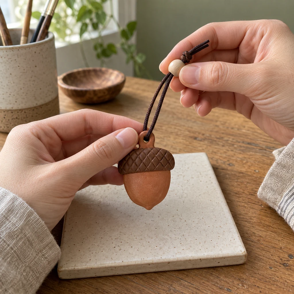 Hands adding dark waxed cord and exactly one wooden bead to a finished clay acorn