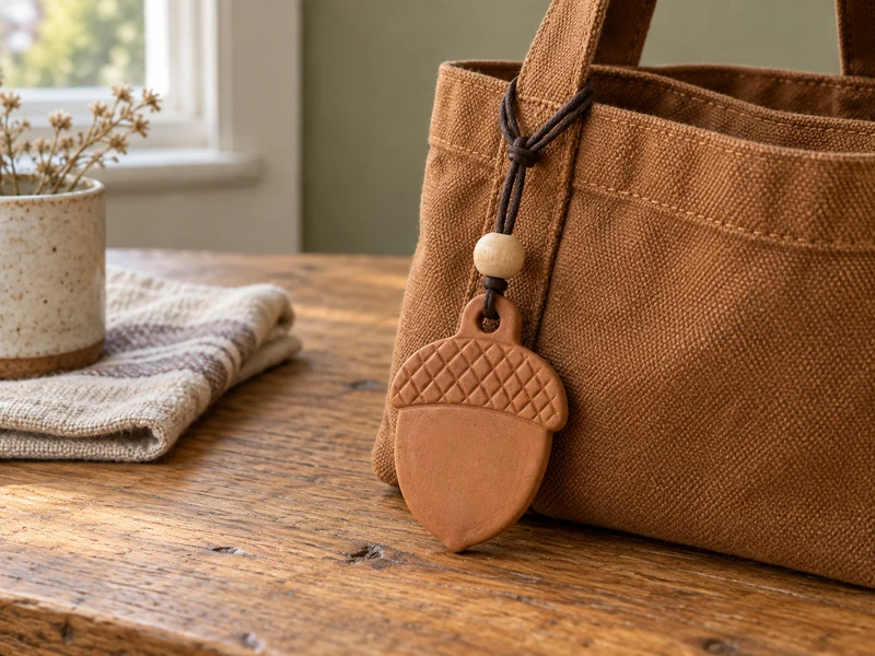 Finished terracotta air-dry clay acorn charm with one wooden bead on a caramel canvas tote