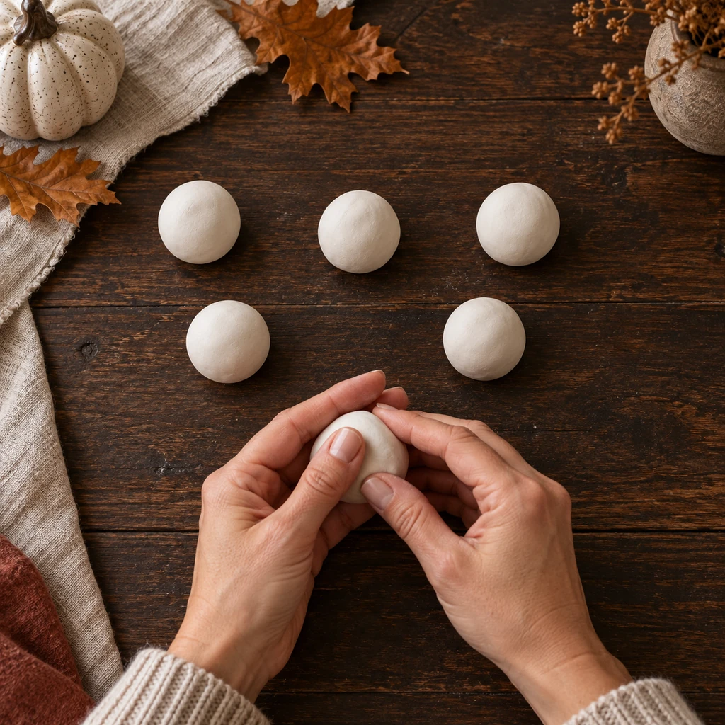 Five equal white clay balls on a table and a sixth being conditioned between two hands