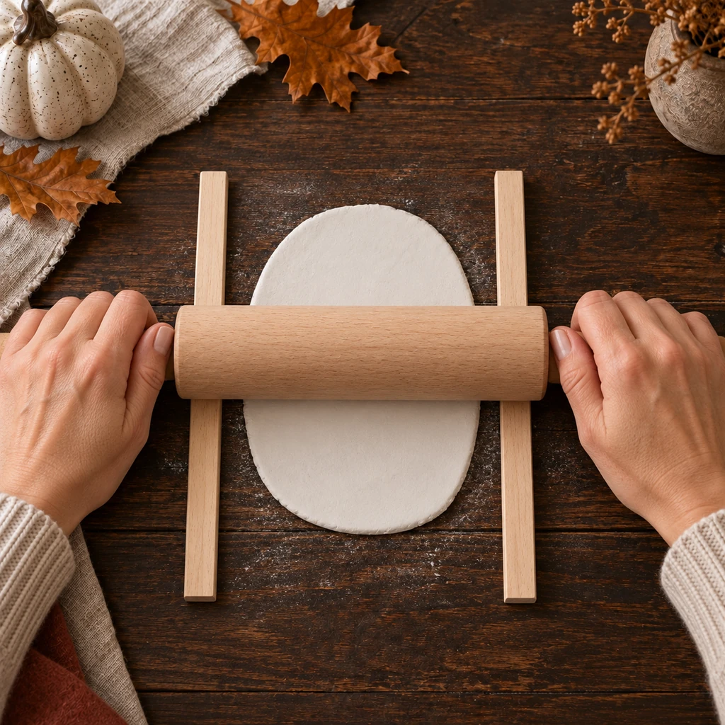 Hands rolling one white clay slab between two matching wooden quarter-inch guide sticks