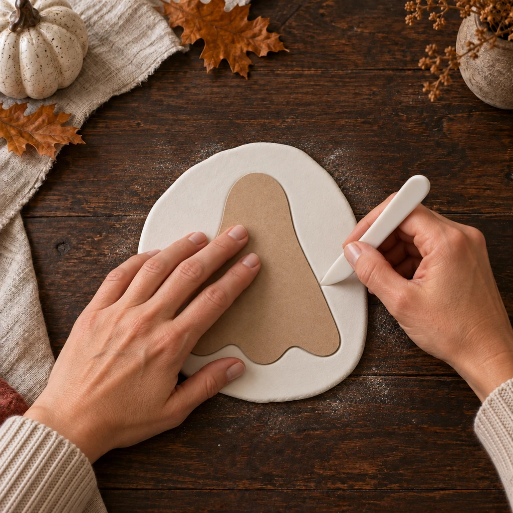 Two hands cutting a narrow rounded ghost with three bottom scallops from an even white clay slab