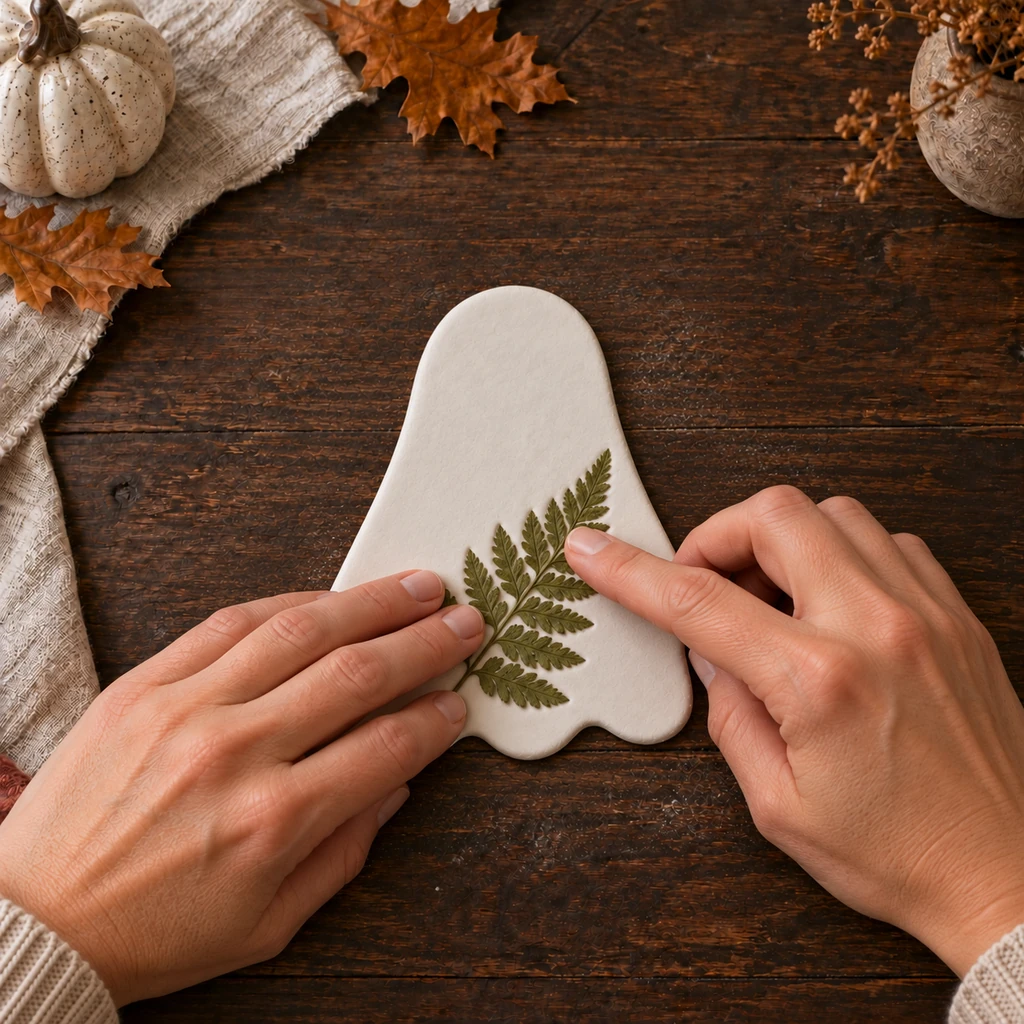 Adult hands pressing one real green fern frond into the lower half of one fresh white clay ghost