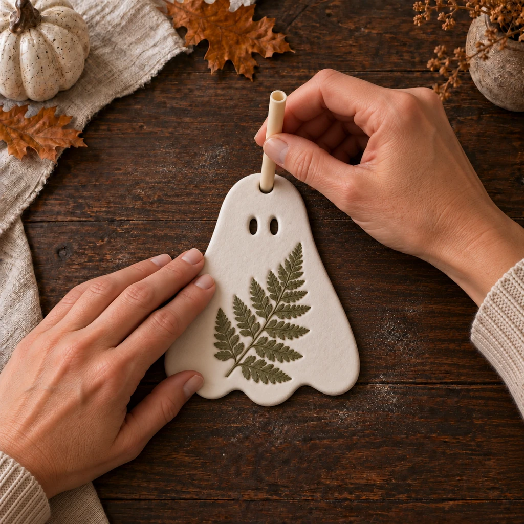One white clay ghost with two oval eyes while a straw cuts one centered hanging hole above them