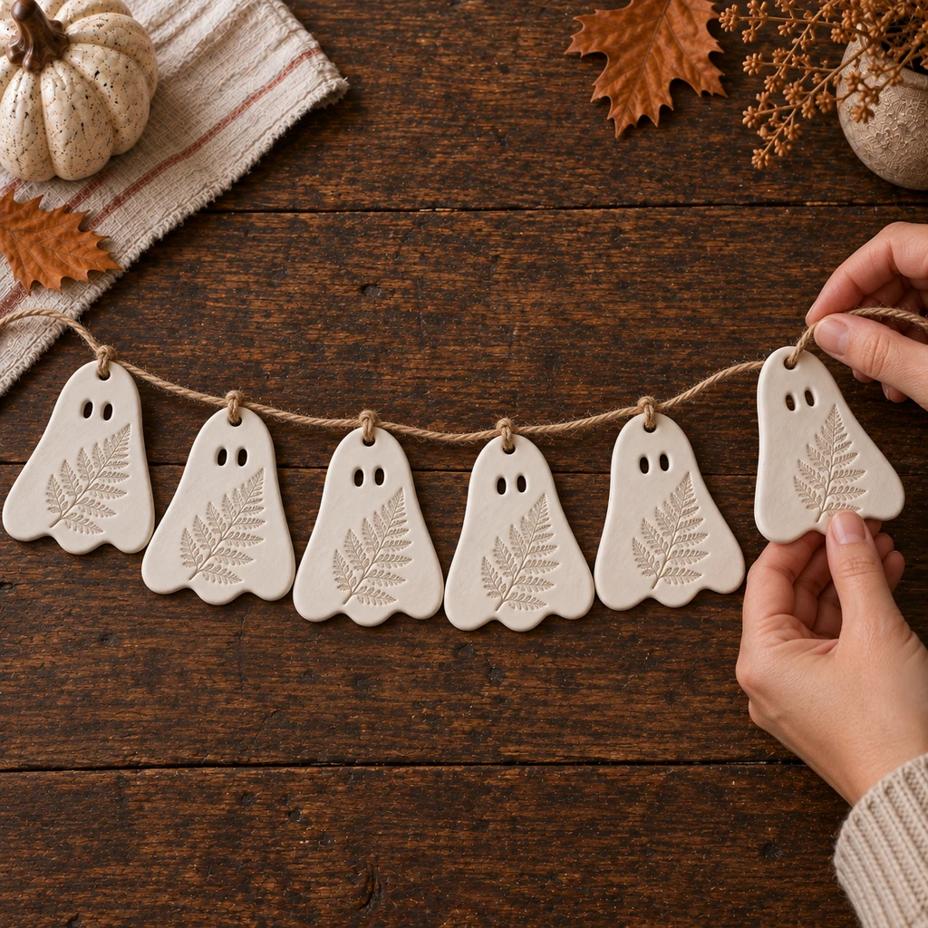 Five fern-impressed clay ghosts threaded on jute while two hands add the sixth ornament