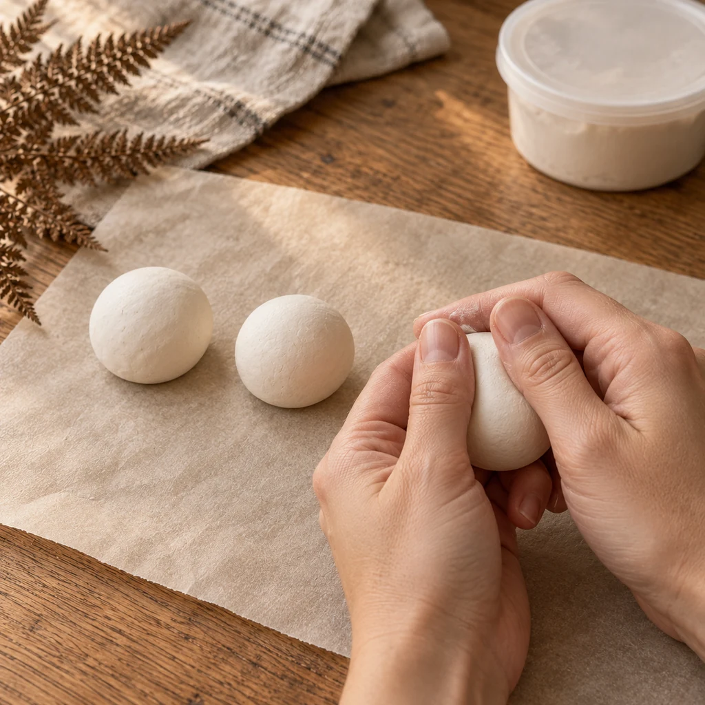 Hands dividing white air-dry clay into three equal smooth portions on parchment
