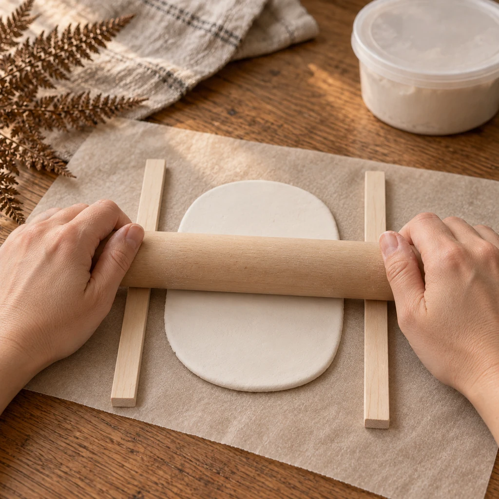 Hands rolling one white air-dry clay slab between two quarter-inch wooden guide sticks