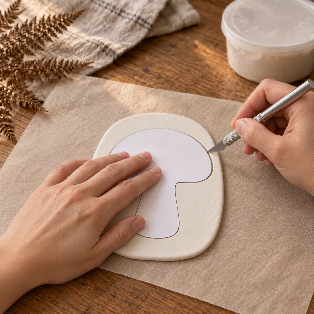 Hands cutting one rounded mushroom silhouette from an even white clay slab using a paper template