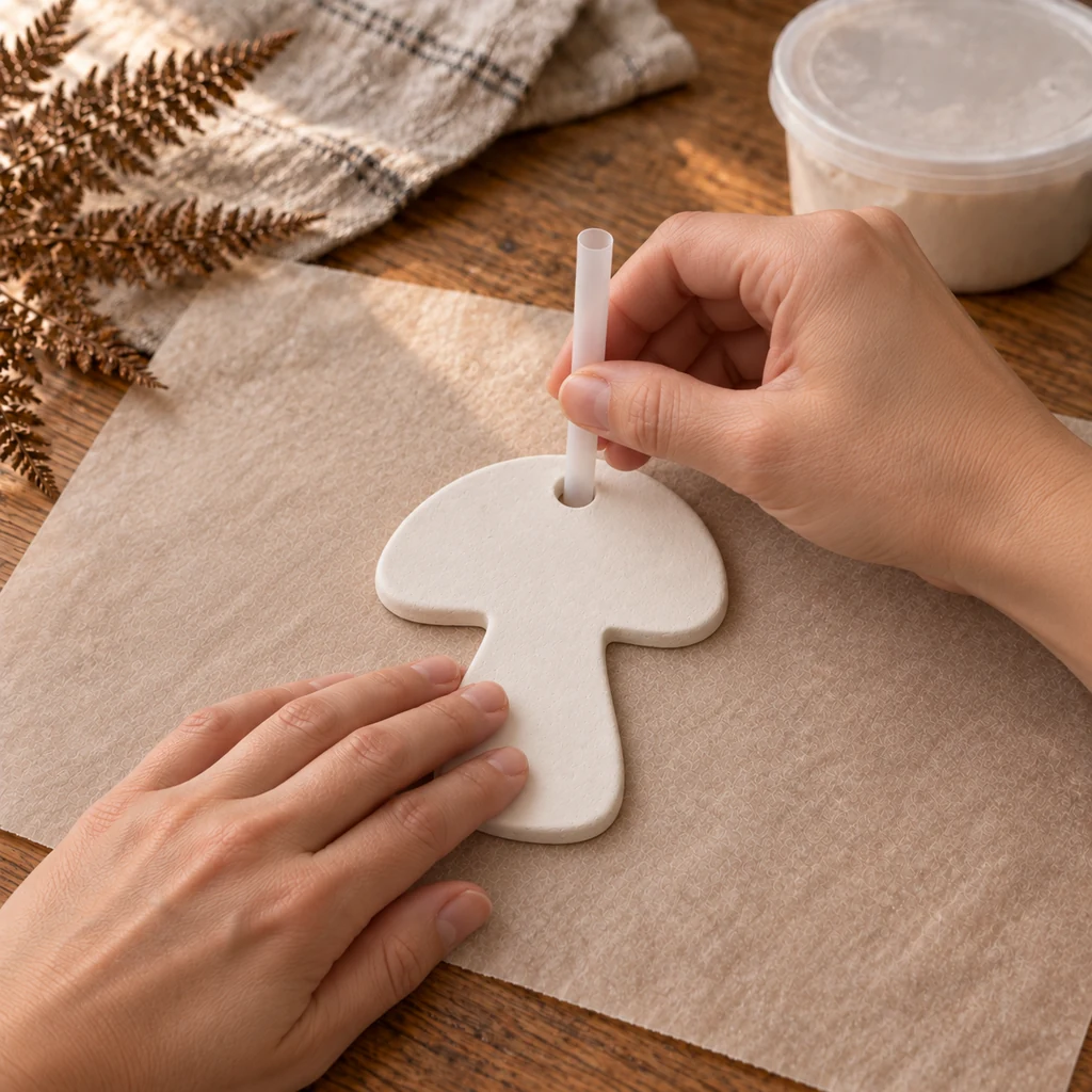 A drinking straw cutting one centered hanging hole near the top of a fresh flat clay mushroom
