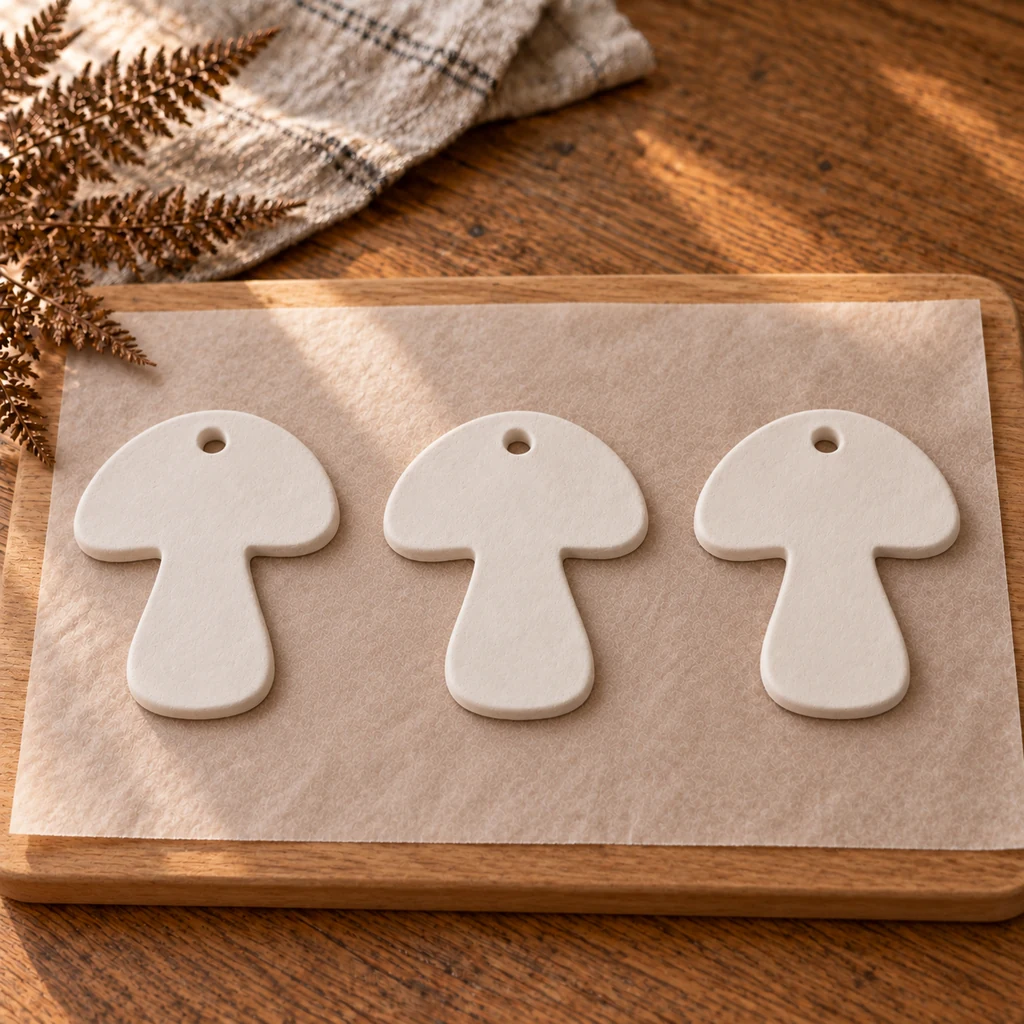 Exactly three flat white clay mushroom silhouettes spaced on parchment over a rigid drying board