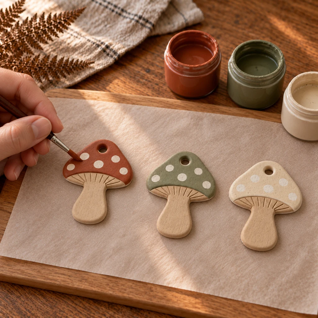 Three dry flat mushroom charms being painted rust, sage, and cream with tan stems